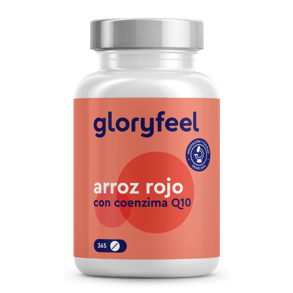 Una botella etiquetada &quot;Levadura Roja de Arroz con Coenzima Q10&quot; de GloryFeel GmbH España, con un diseño en rojo y blanco, resalta un icono de píldora, el número 365, y enfatiza la levadura de arroz rojo con monacolina K esencial.