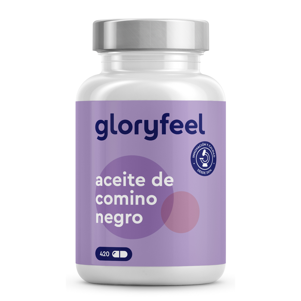 Una botella etiquetada &quot;Aceite de comino negro en cápsulas&quot; de GloryFeel GmbH España presenta un diseño morado con una tapa blanca, que muestra el número 420 e iconos de pastillas para enfatizar su rico contenido en ácidos grasos insaturados.
