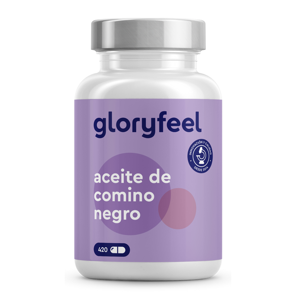 Una botella etiquetada &quot;Aceite de comino negro en cápsulas&quot; de GloryFeel GmbH España presenta un diseño morado con una tapa blanca, que muestra el número 420 e iconos de pastillas para enfatizar su rico contenido en ácidos grasos insaturados.