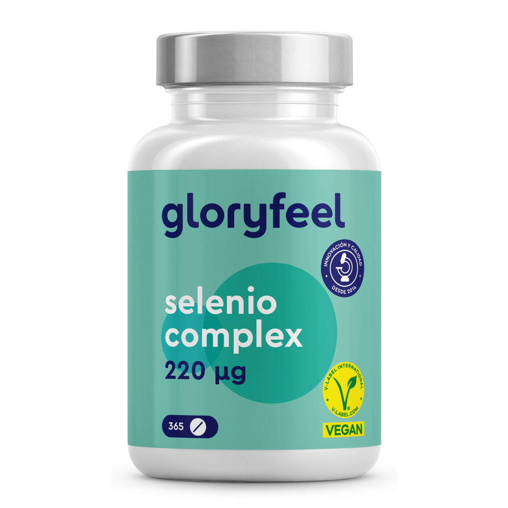 Un frasco de Selenio 220 mcg en tabletas de GloryFeel GmbH España, oligoelemento esencial y vegano, apoya el sistema inmunológico con 365 comprimidos.