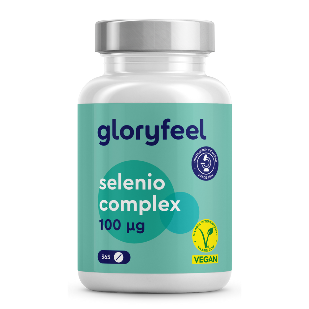 Un frasco de Selenio 100 mcg de GloryFeel GmbH España con 365 comprimidos, etiquetado como vegano, apoya el sistema inmunológico con este oligoelemento esencial.