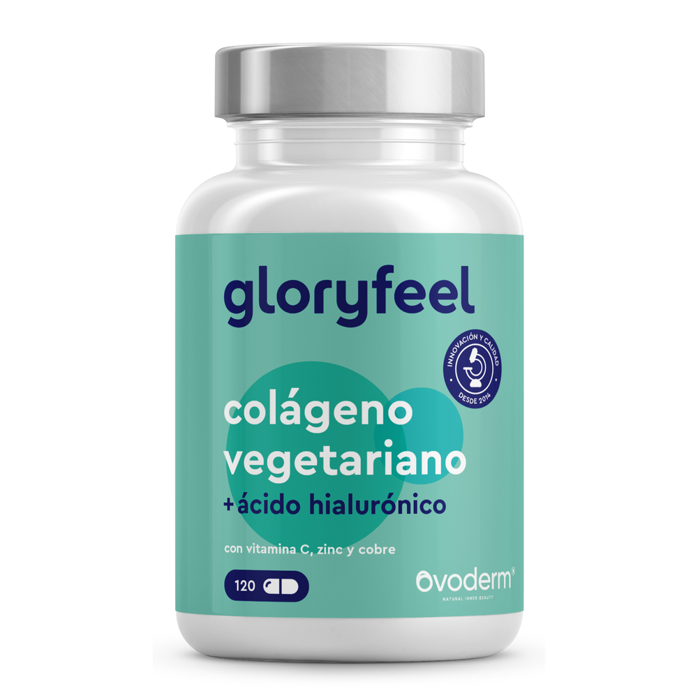 Frasco de Colágeno vegetariano de gloryfeel GmbH con ácido hialurónico, con ingredientes de alta calidad como vitamina C, zinc y cobre. Etiqueta española, 120 cápsulas.