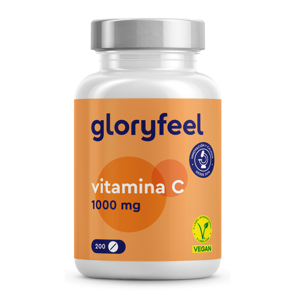 Una botella blanca con la etiqueta &quot;GloryFeel GmbH España Vitamina C en tabletas&quot; y una etiqueta naranja contiene 200 tabletas que refuerzan el sistema inmunitario. Está marcada con símbolos veganos y de garantía de calidad.