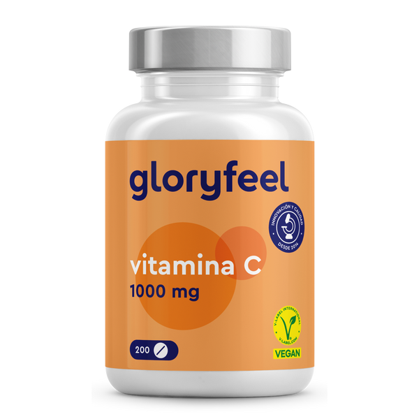 Una botella blanca con la etiqueta &quot;GloryFeel GmbH España Vitamina C en tabletas&quot; y una etiqueta naranja contiene 200 tabletas que refuerzan el sistema inmunitario. Está marcada con símbolos veganos y de garantía de calidad.