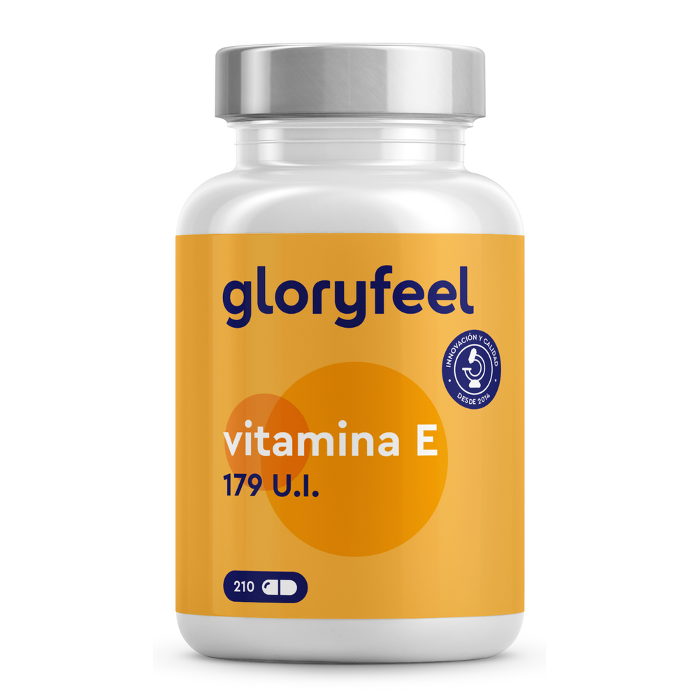 Un frasco de Vitamina E 179 UI de GloryFeel GmbH España contiene 210 cápsulas. El diseño naranja y blanco resalta sus propiedades antioxidantes, mientras que un sello azul indica los estándares de producción.