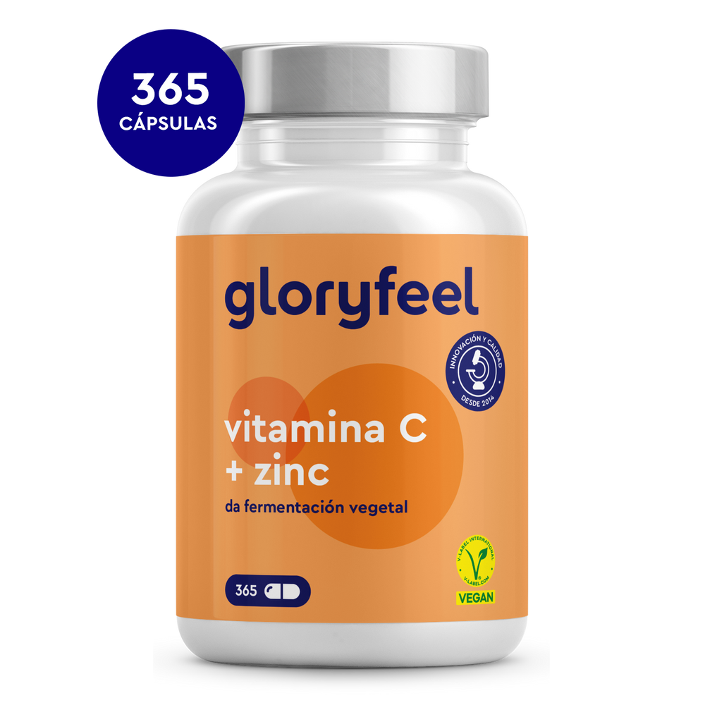 Descubra un frasco de Vitamina C + Zinc de GloryFeel GmbH España, con 365 cápsulas veganas. Con citrato de zinc y vitamina C tamponada de fermentación vegetal, fortalece su sistema inmunológico.