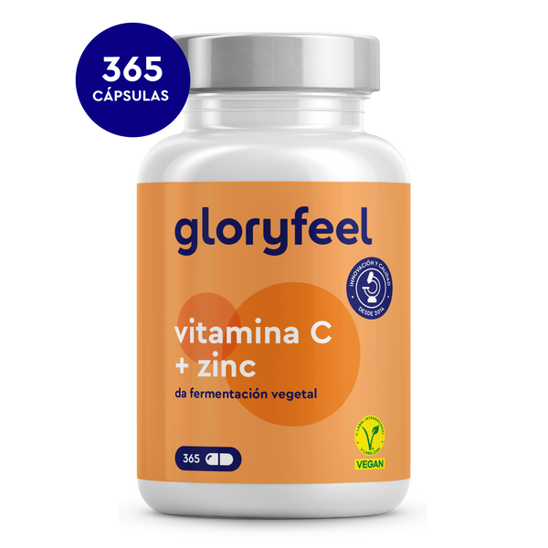 Descubra un frasco de Vitamina C + Zinc de GloryFeel GmbH España, con 365 cápsulas veganas. Con citrato de zinc y vitamina C tamponada de fermentación vegetal, fortalece su sistema inmunológico.