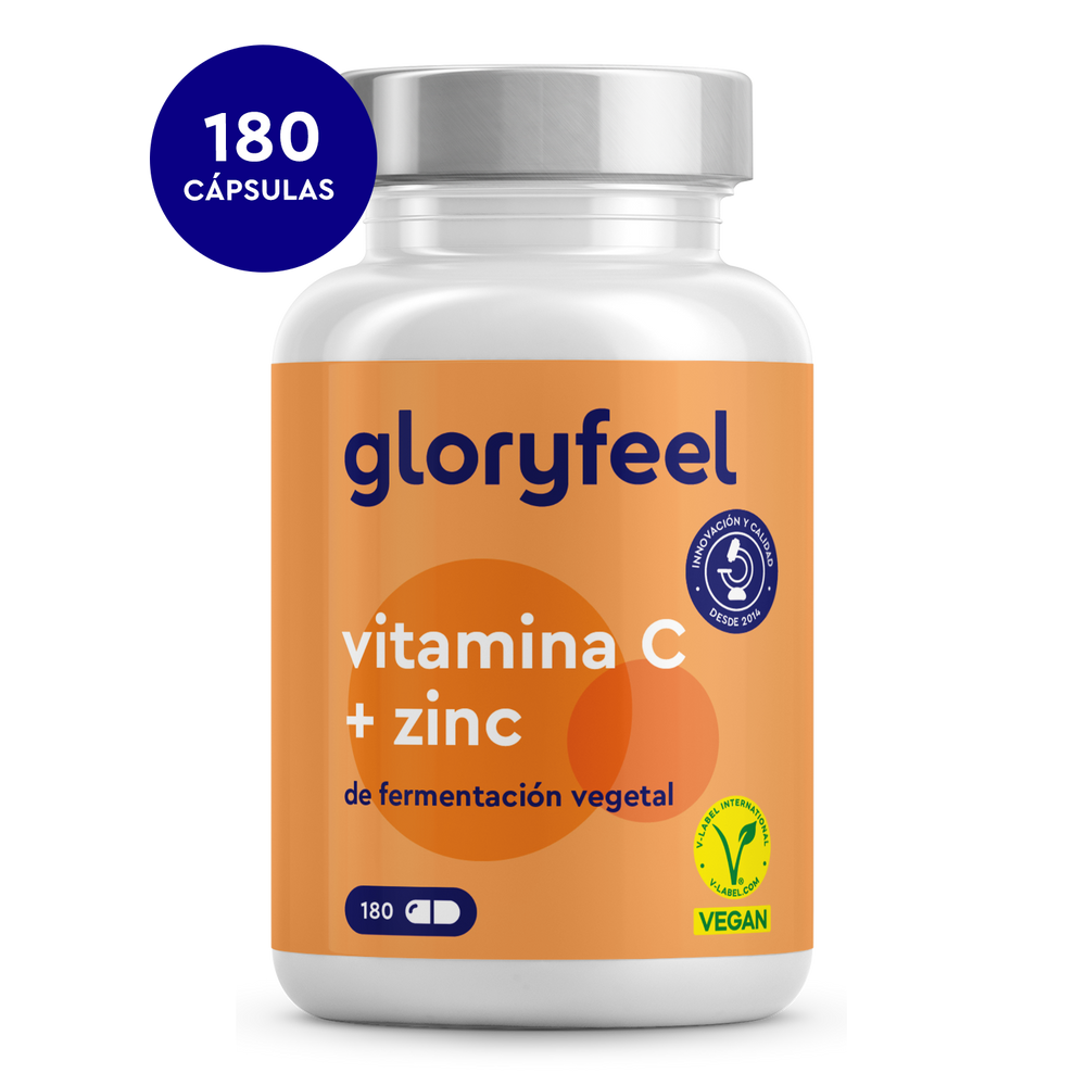 El suplemento de Vitamina C y Zinc de gloryfeel GmbH contiene 180 cápsulas veganas procedentes de la fermentación vegetal.