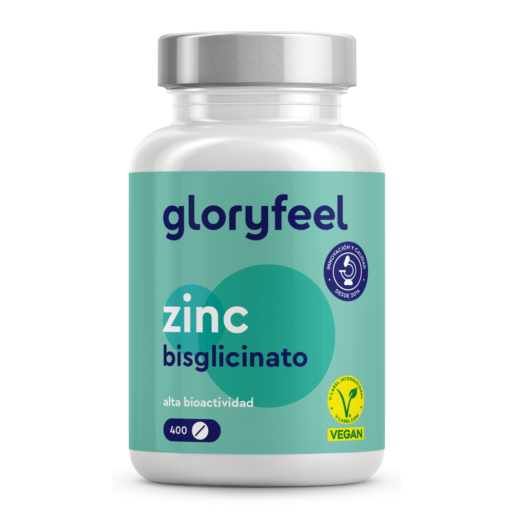 Una botella etiquetada &quot;Bisglicinato de zinc en tabletas&quot; de GloryFeel GmbH, con certificación vegana y que contiene 400 tabletas que estimulan el metabolismo.
