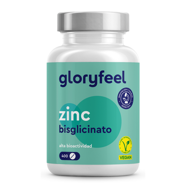 Una botella etiquetada &quot;Bisglicinato de zinc en tabletas&quot; de GloryFeel GmbH, con certificación vegana y que contiene 400 tabletas que estimulan el metabolismo.
