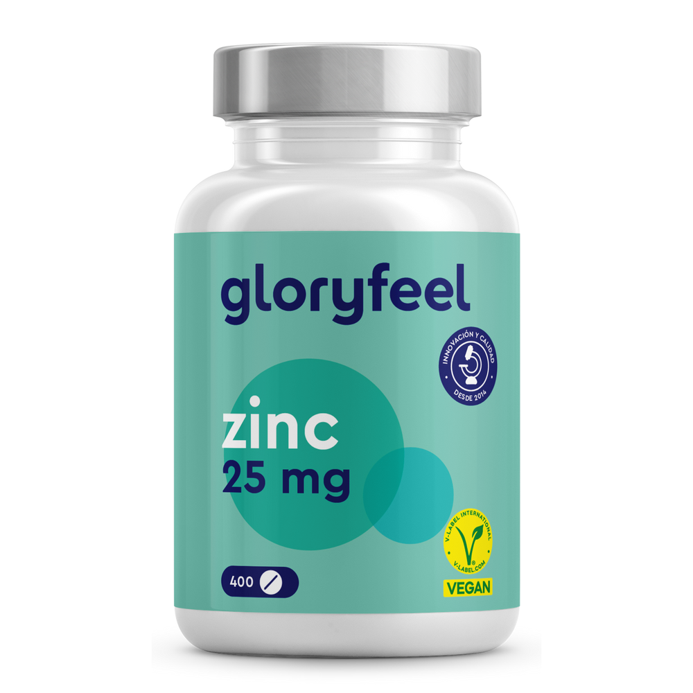 Un frasco de Zinc 25 mg en tabletas de GloryFeel GmbH España contiene 400 comprimidos para apoyar el metabolismo de las proteínas, con símbolos veganos y de garantía de calidad sobre un fondo verde azulado.
