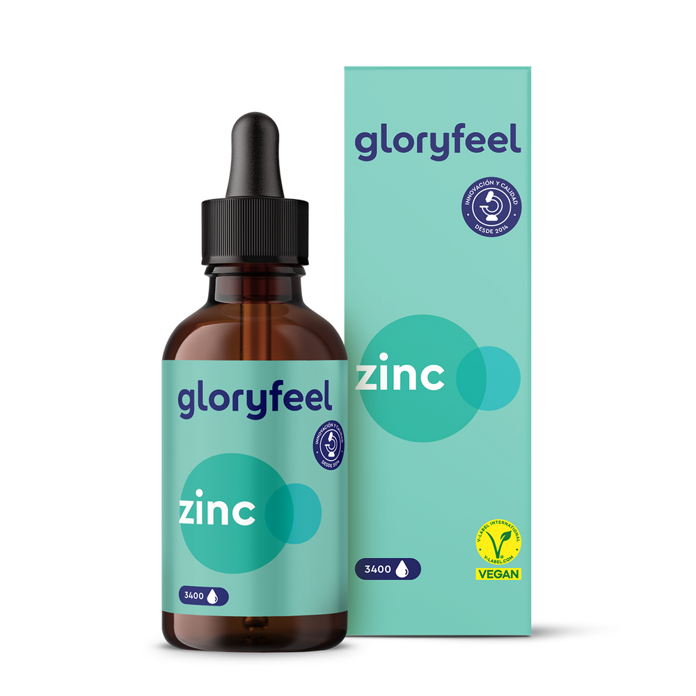 Un moderno frasco gotero verde azulado y una caja de GloryFeel GmbH España muestran &quot;Zinc en gotas&quot;, un suplemento vegano ideal para apoyar el metabolismo de las proteínas.