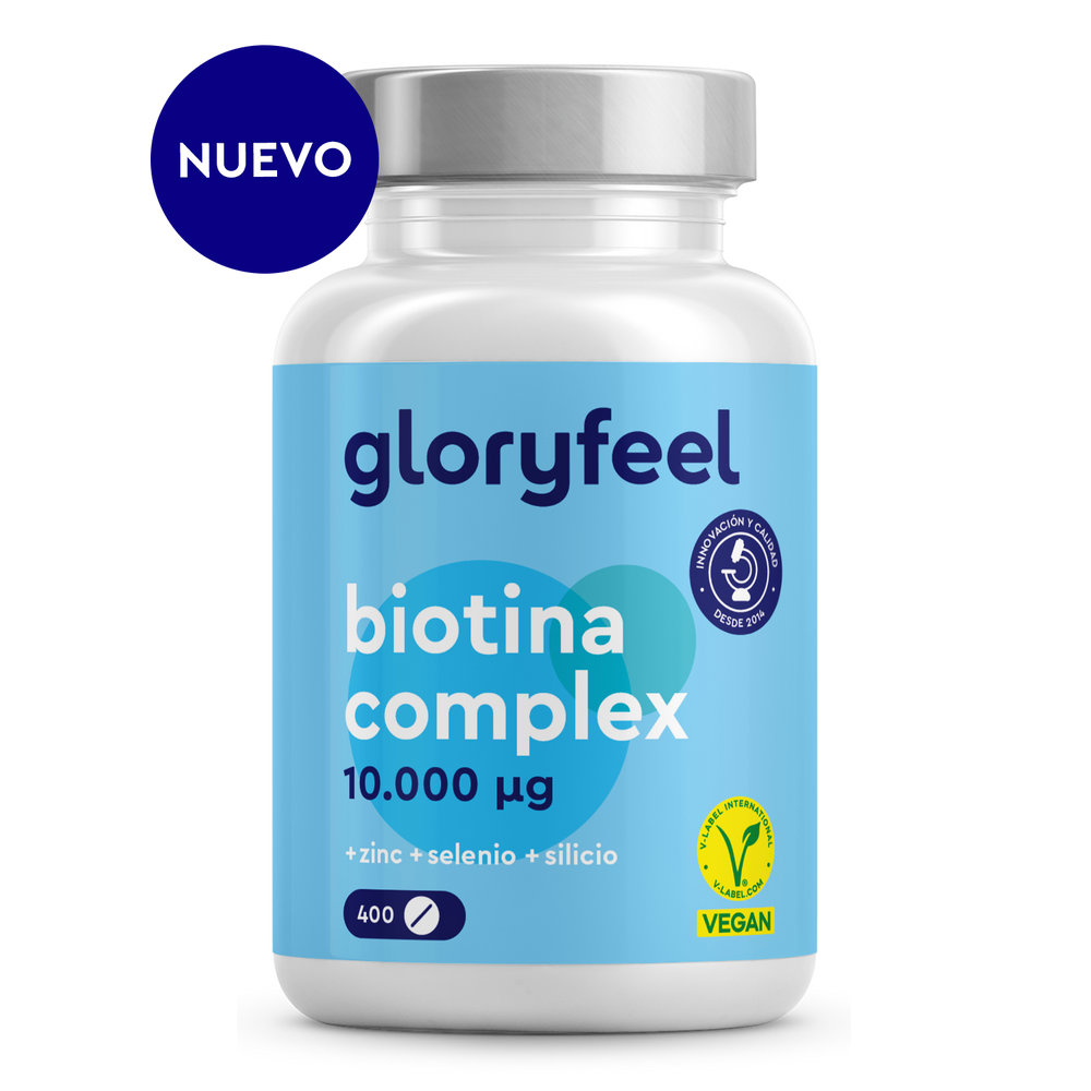 El frasco de Biotina Complex de gloryfeel GmbH España ofrece 10.000 µg de biotina, además de zinc, selenio y sílice para una salud capilar óptima. Cuenta con certificación vegana, garantía de calidad, etiqueta &quot;Nuevo&quot; y contiene 400 cápsulas.