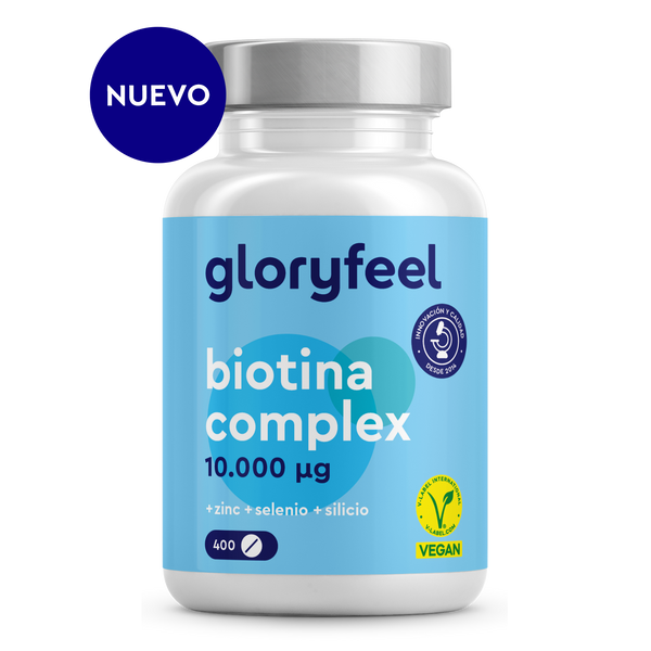 El frasco de Biotina Complex de gloryfeel GmbH España ofrece 10.000 µg de biotina, además de zinc, selenio y sílice para una salud capilar óptima. Cuenta con certificación vegana, garantía de calidad, etiqueta &quot;Nuevo&quot; y contiene 400 cápsulas.