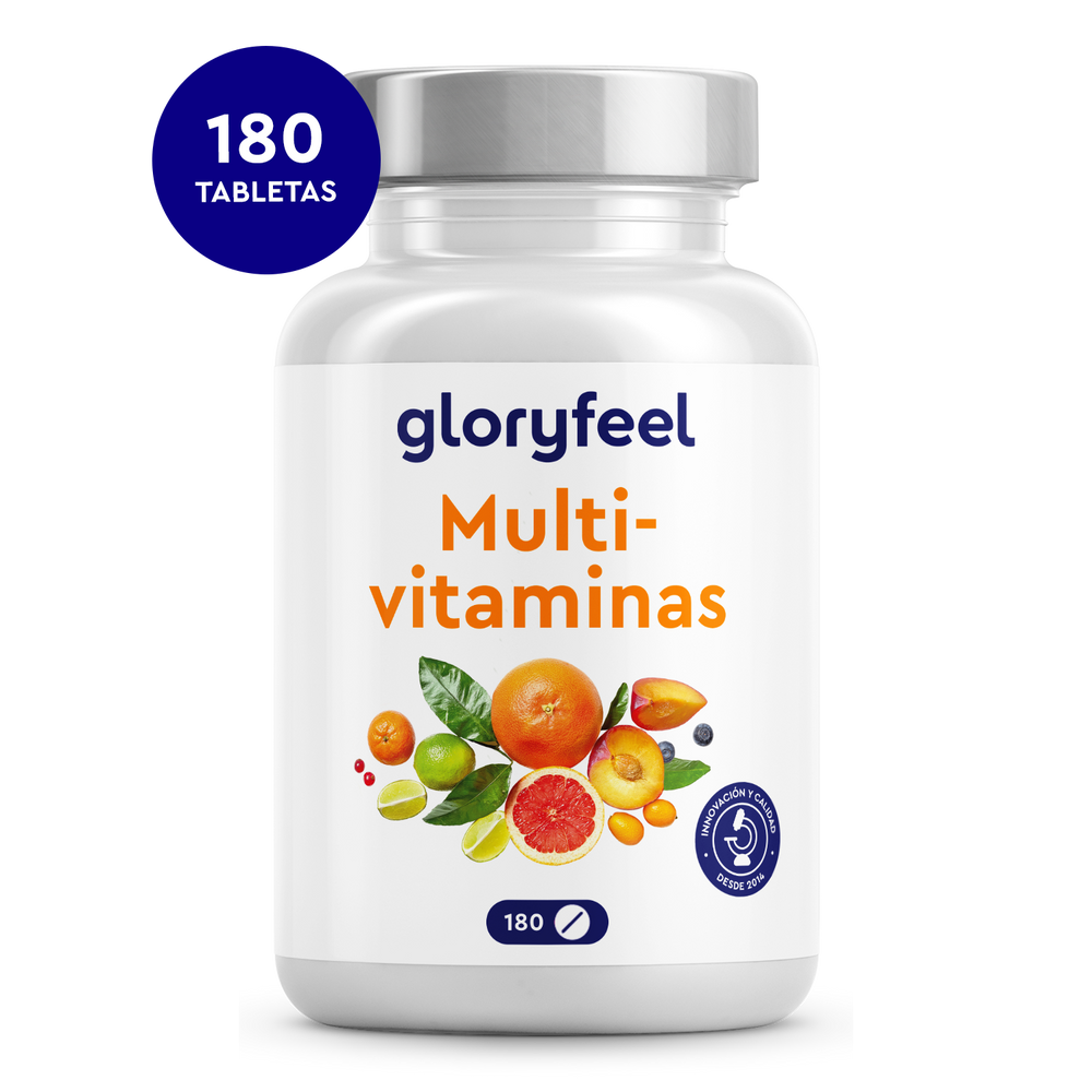 Una botella de Multivitaminas en tabletas 180 de GloryFeel GmbH España con una imagen de frutas variadas en la etiqueta, enriquecidas con vitaminas y minerales esenciales.