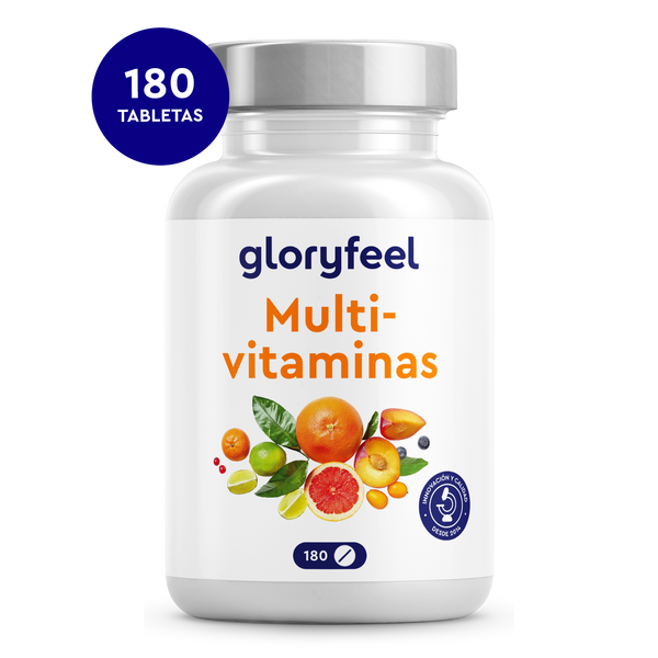 Una botella de Multivitaminas en tabletas 180 de GloryFeel GmbH España con una imagen de frutas variadas en la etiqueta, enriquecidas con vitaminas y minerales esenciales.