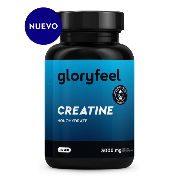 Una botella negra y azul de gloryfeel GmbH, etiquetada como "Creatina - del monohidrato de creatina", con un sello "NUEVO", ideal para mejorar tu rendimiento físico con creatina en cápsulas.