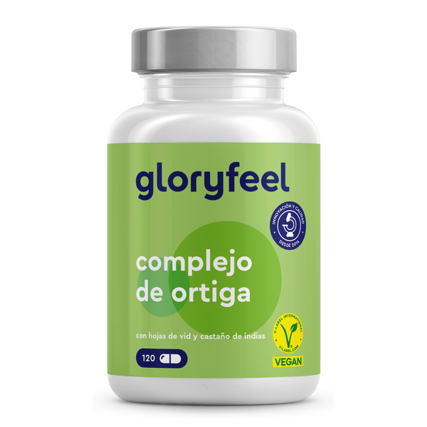 Un frasco de Cápsulas de Ortiga de gloryfeel GmbH España contiene 120 cápsulas veganas, que entre sus ingredientes contienen hoja de vid y castaño de Indias.