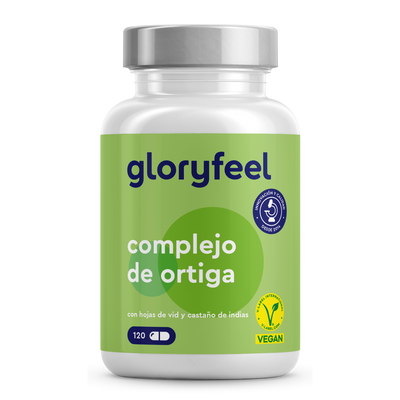 Un frasco de Cápsulas de Ortiga de gloryfeel GmbH España contiene 120 cápsulas veganas, que entre sus ingredientes contienen hoja de vid y castaño de Indias.