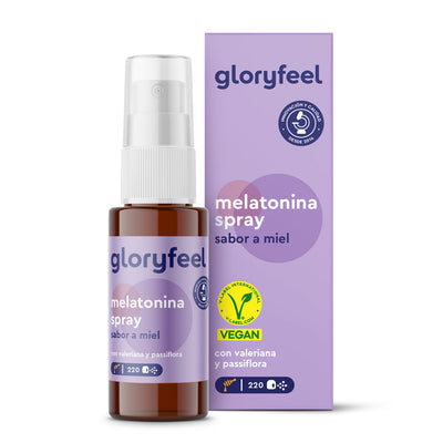 Gloryfeel GmbH Melatonina Spray, frasco marrón con caja morada, sabor miel natural, vegano, con valeriana y pasiflora para un sueño reparador. Contiene 220 pulverizaciones.