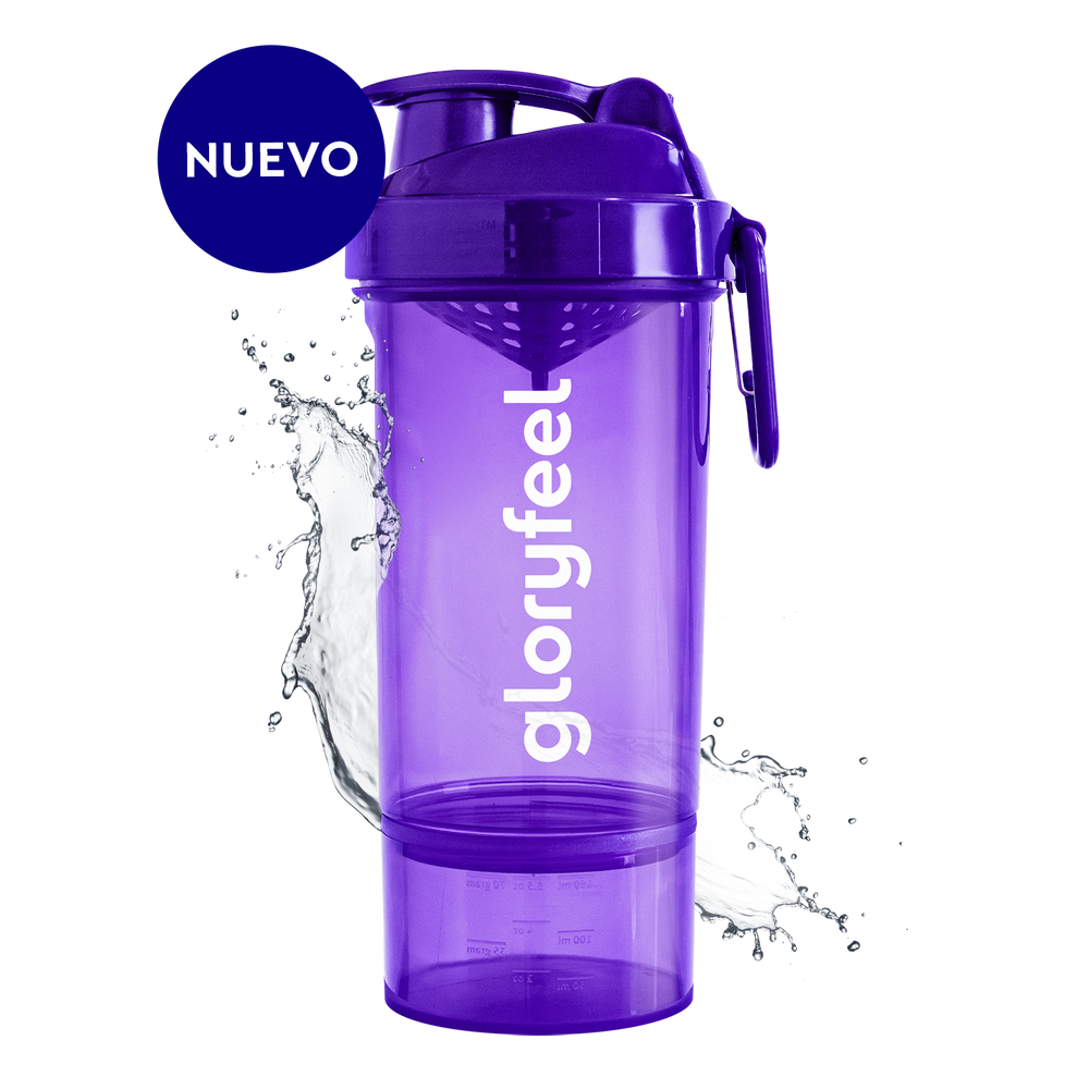 Botella mezcladora morada con el logotipo de gloryfeel GmbH España y una salpicadura de agua. El texto &quot;NUEVO&quot; en un círculo azul cerca de la parte superior.