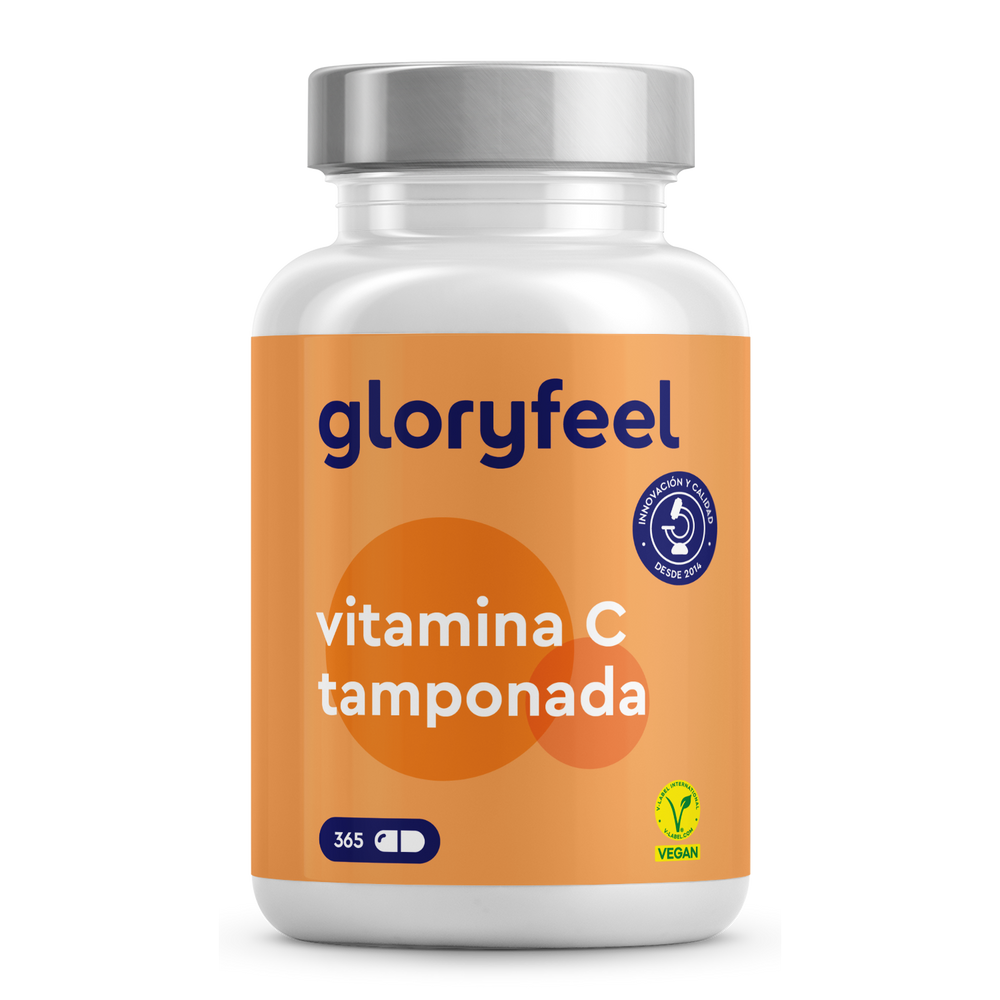 Un frasco de Cápsulas de Vitamina C Tamponada de GloryFeel GmbH España que contiene 365 comprimidos veganos en envase naranja y blanco.