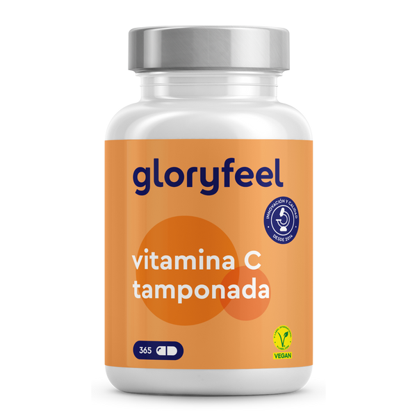 Un frasco de Cápsulas de Vitamina C Tamponada de GloryFeel GmbH España que contiene 365 comprimidos veganos en envase naranja y blanco.