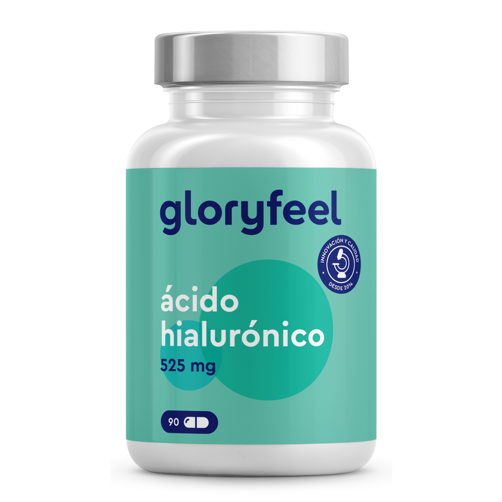 Un frasco con la etiqueta &quot;Ácido hialurónico Intensivo en cápsulas&quot; de GloryFeel GmbH España, con un diseño azul y verde azulado, ofrece 90 cápsulas para apoyar las articulaciones sanas y la piel firme.