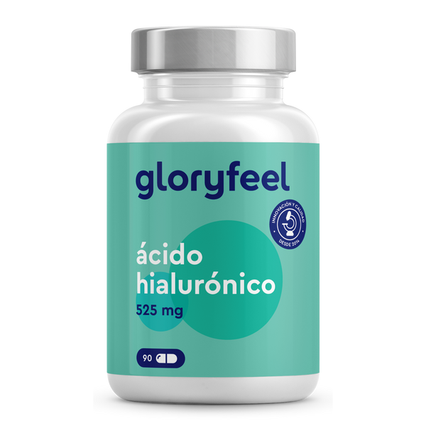 Un frasco con la etiqueta &quot;Ácido hialurónico Intensivo en cápsulas&quot; de GloryFeel GmbH España, con un diseño azul y verde azulado, ofrece 90 cápsulas para apoyar las articulaciones sanas y la piel firme.