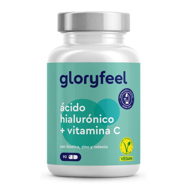 Un frasco de Ácido ialurónico con vitamina C de gloryfeel GmbH España está etiquetado como vegano y contiene biotina, zinc, selenio y 90 cápsulas.