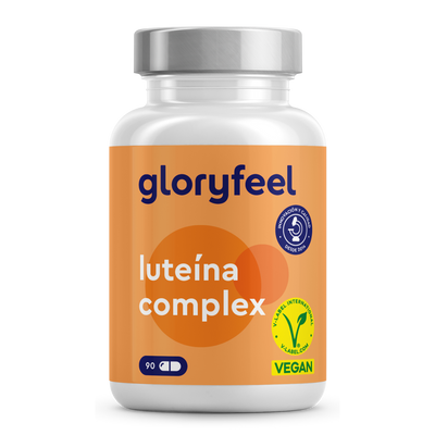 Un frasco de Cápsulas de luteína de GloryFeel GmbH España con 90 cápsulas, que luce logotipos de certificación vegana y de calidad en su etiqueta naranja.