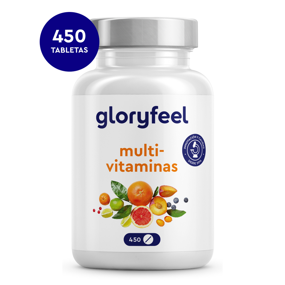 Una botella de &quot;Multivitaminas en 450 tabletas&quot; de GloryFeel GmbH España, con imágenes de frutas vibrantes en la etiqueta, promueve la salud con poderosos antioxidantes para un estilo de vida más saludable.
