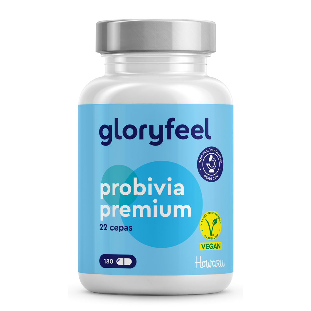 Un frasco de Probivia Howaru® de gloryfeel GmbH España contiene 180 cápsulas probióticas veganas con 22 cepas.