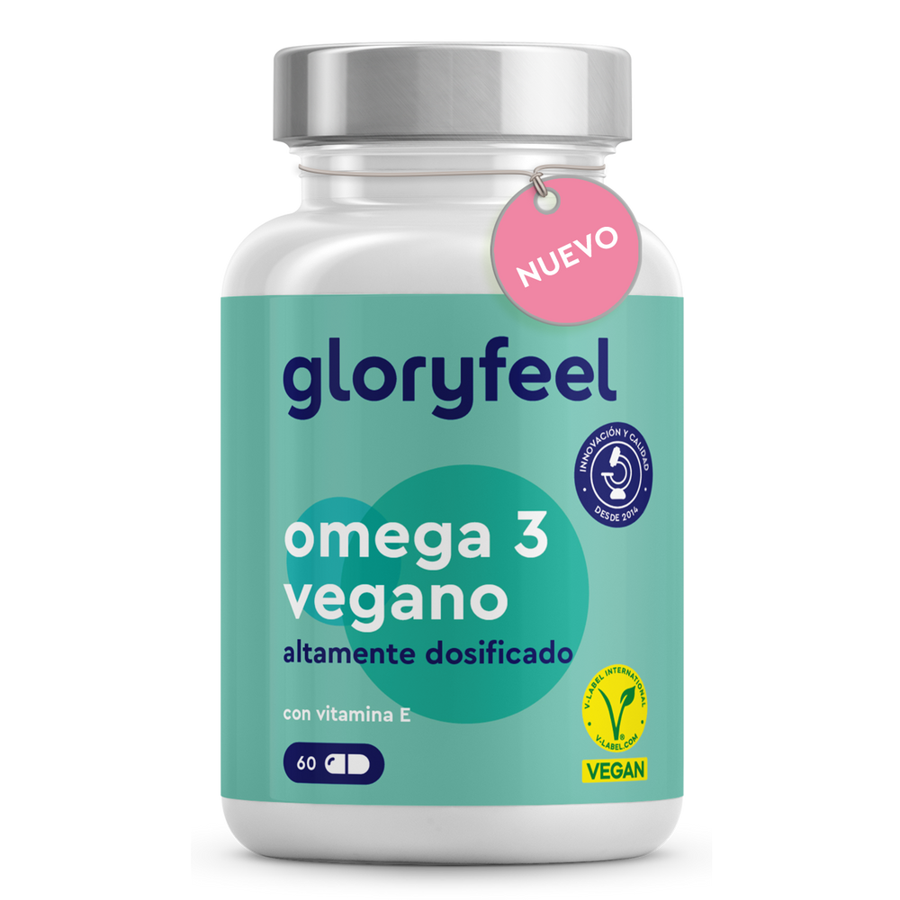 Un frasco de suplemento dietético Omega 3 + Vitamina E de gloryfeel GmbH España contiene 60 cápsulas veganas de alta potencia con la etiqueta &quot;nuevo&quot;.