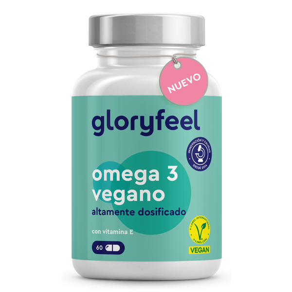 Un frasco de suplemento dietético Omega 3 + Vitamina E de gloryfeel GmbH España contiene 60 cápsulas veganas de alta potencia con la etiqueta &quot;nuevo&quot;.