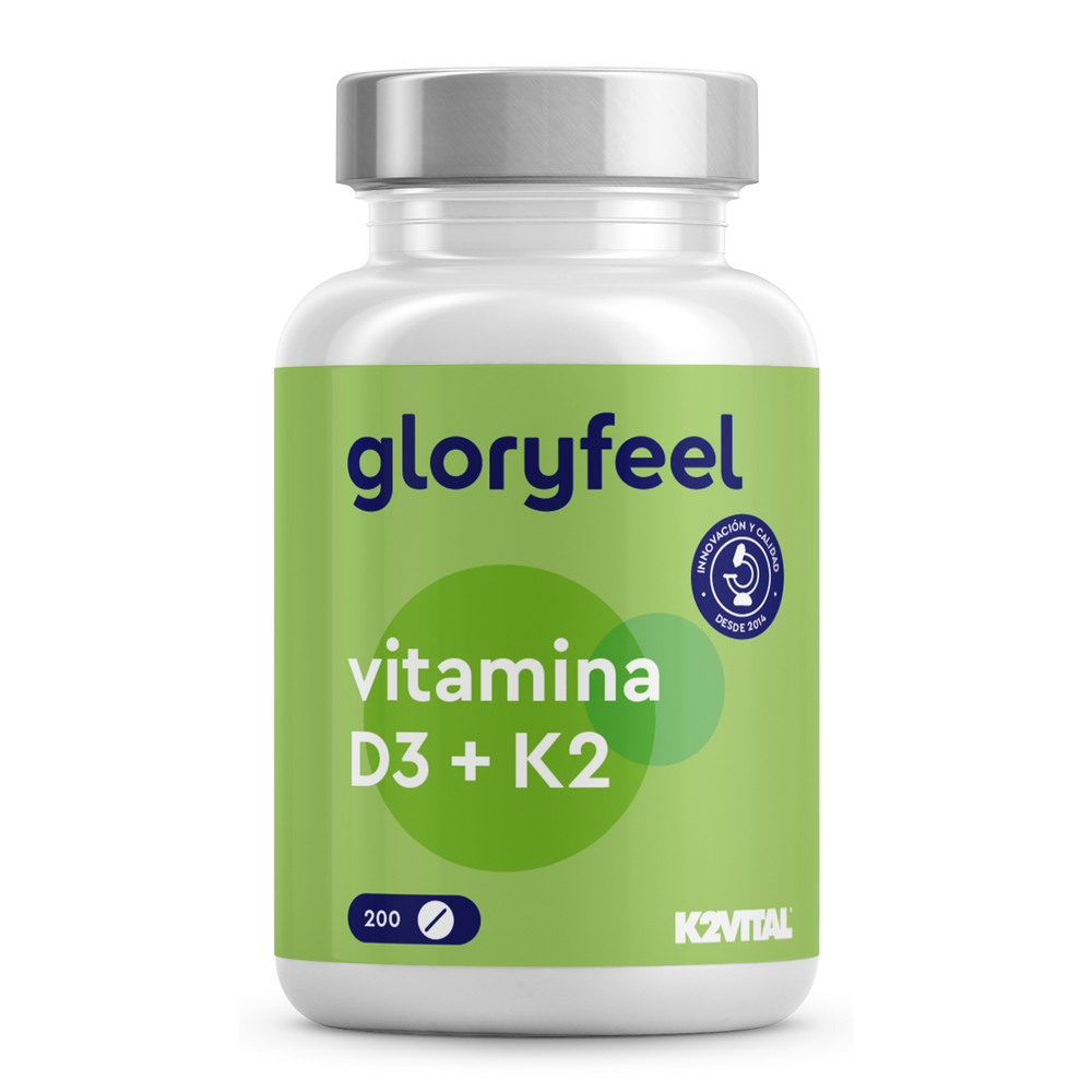Una botella verde de suplementos de Vitamina D3 y K2-2000 UI de Gloryfeel GmbH, que ofrece 200 cápsulas de potente colecalciferol y vitamina K2.