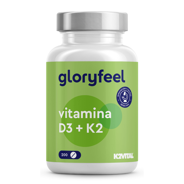Una botella verde de suplementos de Vitamina D3 y K2-2000 UI de Gloryfeel GmbH, que ofrece 200 cápsulas de potente colecalciferol y vitamina K2.