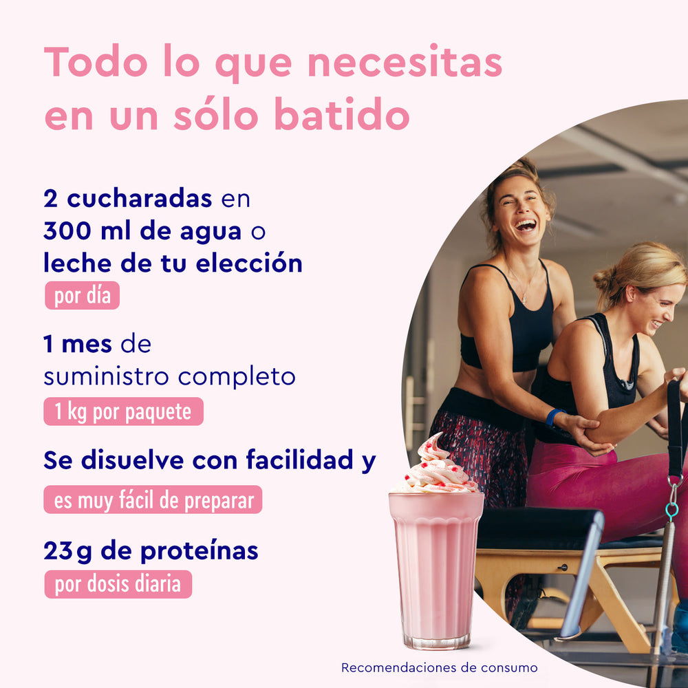 En un gimnasio, dos personas se ríen juntas. Un anuncio de Proteina Berry Joy - Sabor a frambuesa, de gloryfeel GmbH España, destaca su contenido proteico y su facilidad de preparación, presentando la imagen de un batido rosa.