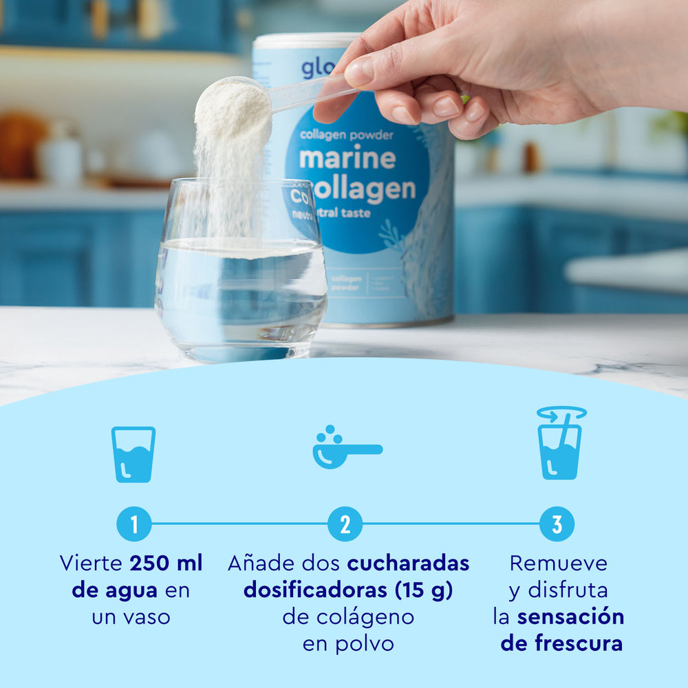 Vertiendo a mano Colágeno Marino Hidrolizado en polvo de Gloryfeel GmbH España en un vaso de agua; Pasos para preparar la bebida en español: agregar 250 ml de agua, dos cucharadas de polvo, remover y disfrutar.