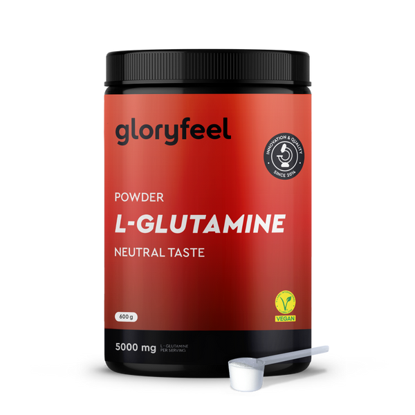 Envase rojo de Glutamina en polvo de gloryfeel GmbH España, sabor neutro, 5000g, incluye una pequeña cucharada blanca y tiene etiqueta vegana.