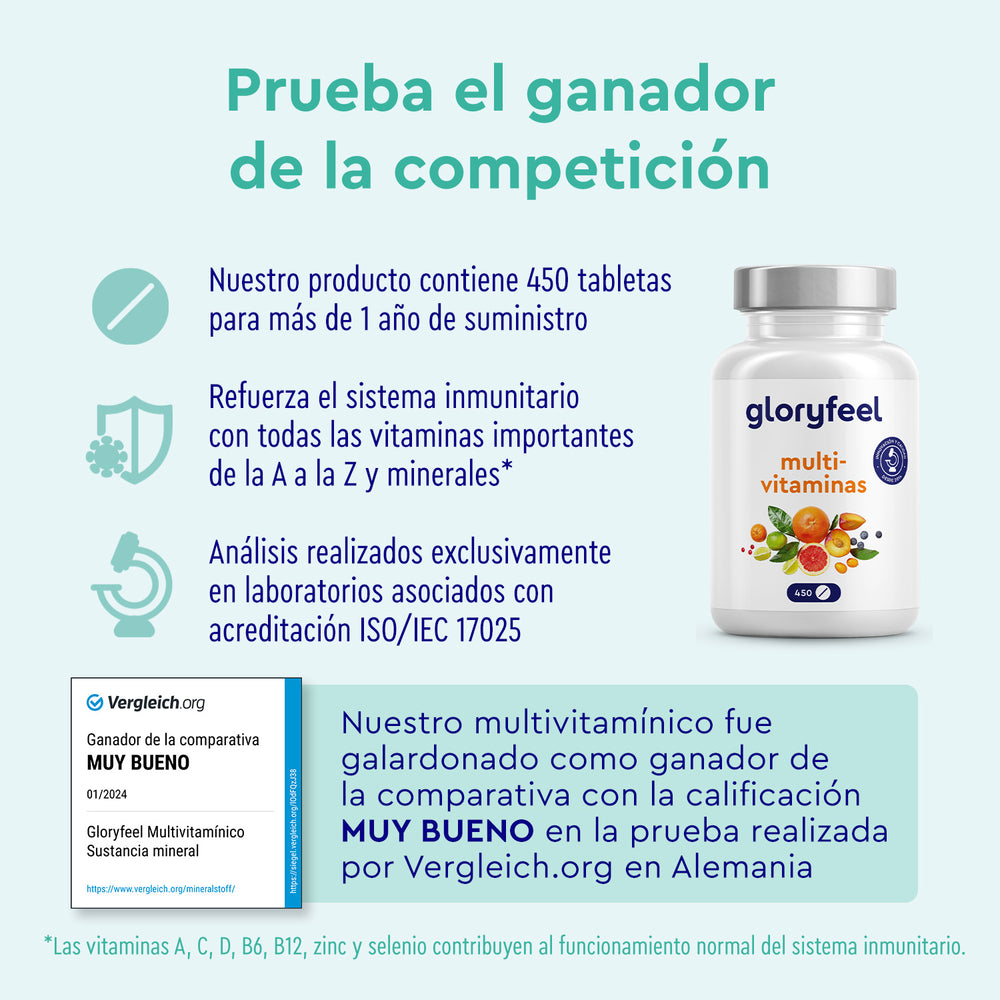 Experimente el poder de las Multivitaminas en 450 tabletas de GloryFeel GmbH España, conocidas por sus amplios beneficios para la salud. Con nutrientes esenciales y potentes antioxidantes, es la clave para una salud radiante. ¡Descubra hoy mismo la excelencia probada en Alemania!.