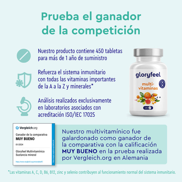 Experimente el poder de las Multivitaminas en 450 tabletas de GloryFeel GmbH España, conocidas por sus amplios beneficios para la salud. Con nutrientes esenciales y potentes antioxidantes, es la clave para una salud radiante. ¡Descubra hoy mismo la excelencia probada en Alemania!.