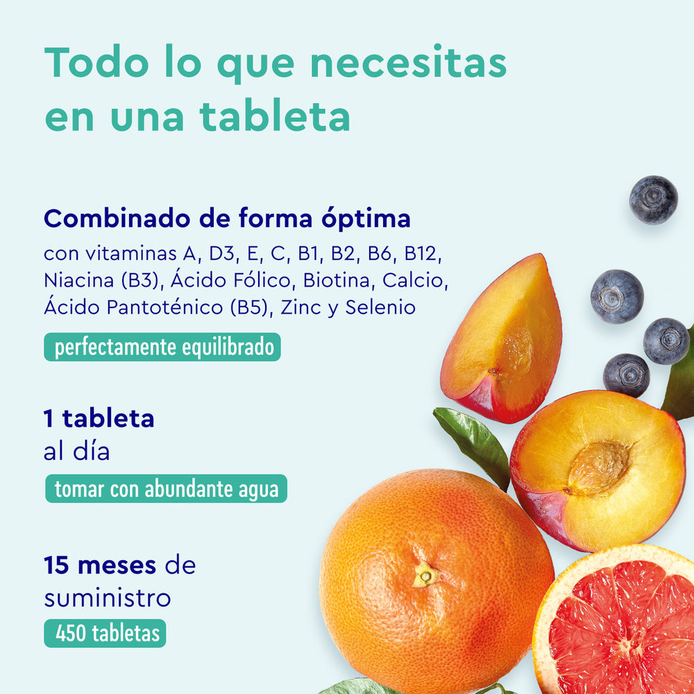Se muestran naranjas y arándanos junto a un texto en español que explica los beneficios de Multivitaminas en 450 tabletas de GloryFeel GmbH España, con instrucciones sobre cómo potenciar la salud mediante antioxidantes.