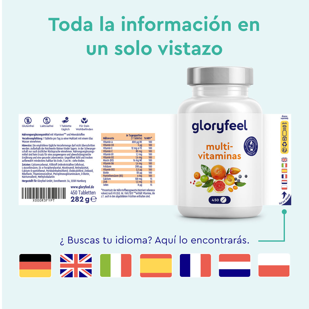 Una botella de Multivitaminas en 450 tabletas de GloryFeel GmbH España, adornada con banderas y textos multilingües, garantiza que la información del producto sea accesible en varios idiomas al tiempo que promueve los beneficios para la salud y los antioxidantes.