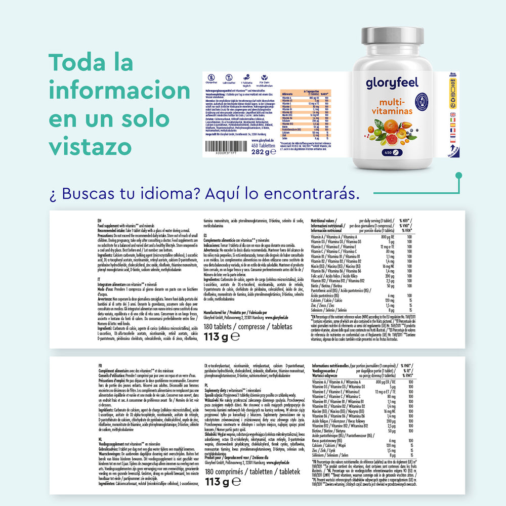 Imagen de un frasco de &quot;Multivitaminas en 450 tabletas&quot; de GloryFeel GmbH España, que muestra información detallada del producto en varios idiomas, centrándose en multivitamínicos y antioxidantes, con ingredientes y datos nutricionales destacados sobre tablas de texto.
