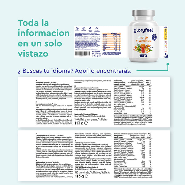 Imagen de un frasco de &quot;Multivitaminas en 450 tabletas&quot; de GloryFeel GmbH España, que muestra información detallada del producto en varios idiomas, centrándose en multivitamínicos y antioxidantes, con ingredientes y datos nutricionales destacados sobre tablas de texto.