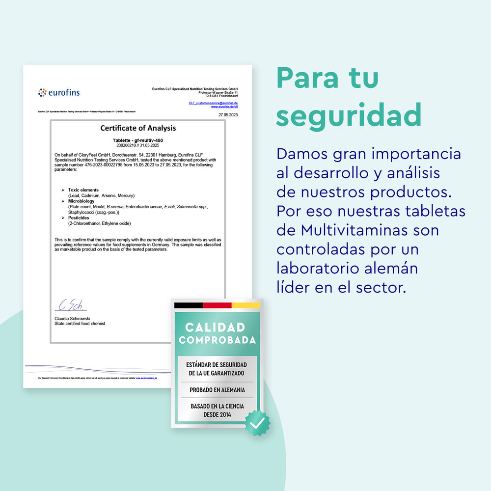 Un certificado de análisis resalta el control de calidad de GloryFeel GmbH España para Multivitaminas en 450 tabletas, garantizando que recibas nutrientes esenciales y poderosos antioxidantes para una salud óptima.