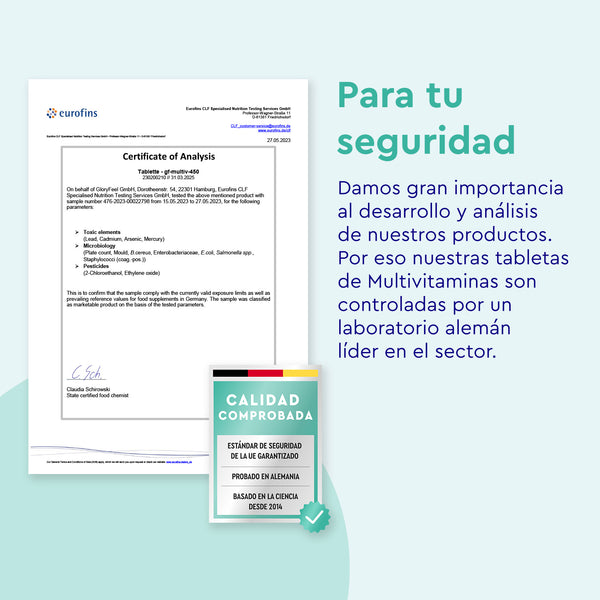 Un certificado de análisis resalta el control de calidad de GloryFeel GmbH España para Multivitaminas en 450 tabletas, garantizando que recibas nutrientes esenciales y poderosos antioxidantes para una salud óptima.