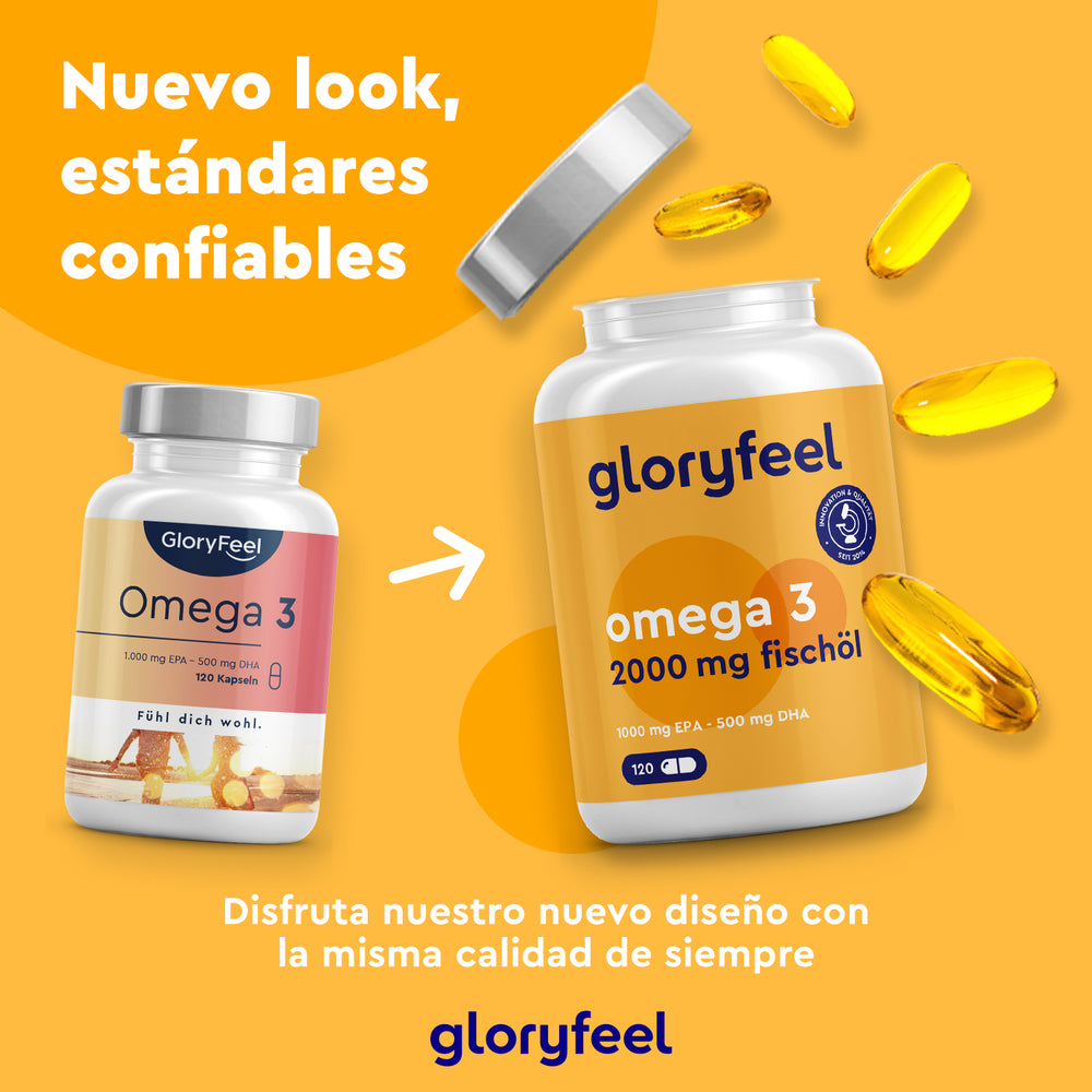 Dos frascos de Cápsulas Omega 3 de Gloryfeel GmbH, uno con el diseño clásico y otro nuevo con cápsulas amarillas esparcidas. El aceite de pescado favorece unos niveles saludables de triglicéridos y el bienestar, manteniendo estándares de calidad fiables. Disfruta de una apariencia fresca que mejora tu salud.