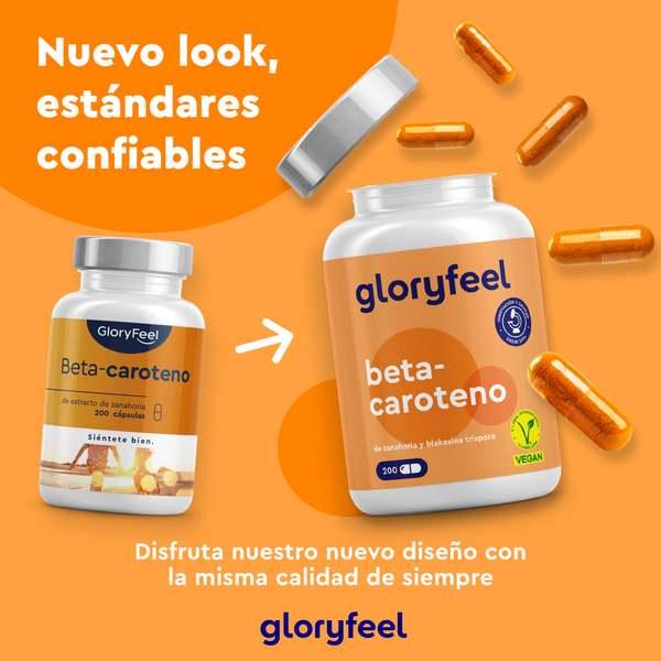 Dos frascos de Beta-Caroteno - 200 cápsulas de Gloryfeel GmbH presentan un nuevo empaque junto con las cápsulas, que enfatiza la calidad constante y la riqueza de vitamina A.